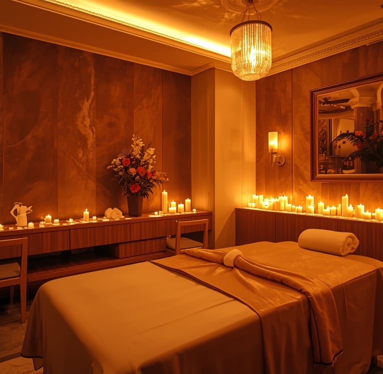 Ambiente elegante preparado para massagem sensual ou erótica no Porto com iluminação suave e atmosfe