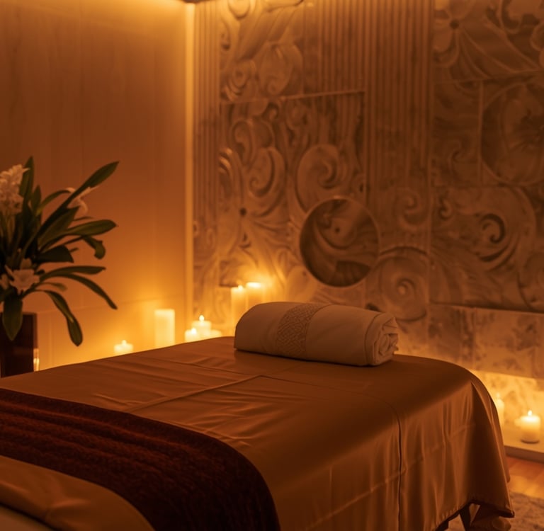 Espaço elegante preparado para sessão de massagem sensual no Porto, com iluminação suave e ambiente