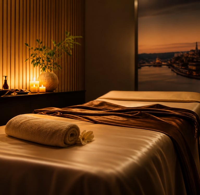 Ambiente elegante preparado para massagem sensual e erótica no Porto com iluminação suave e atmosfera relaxante.