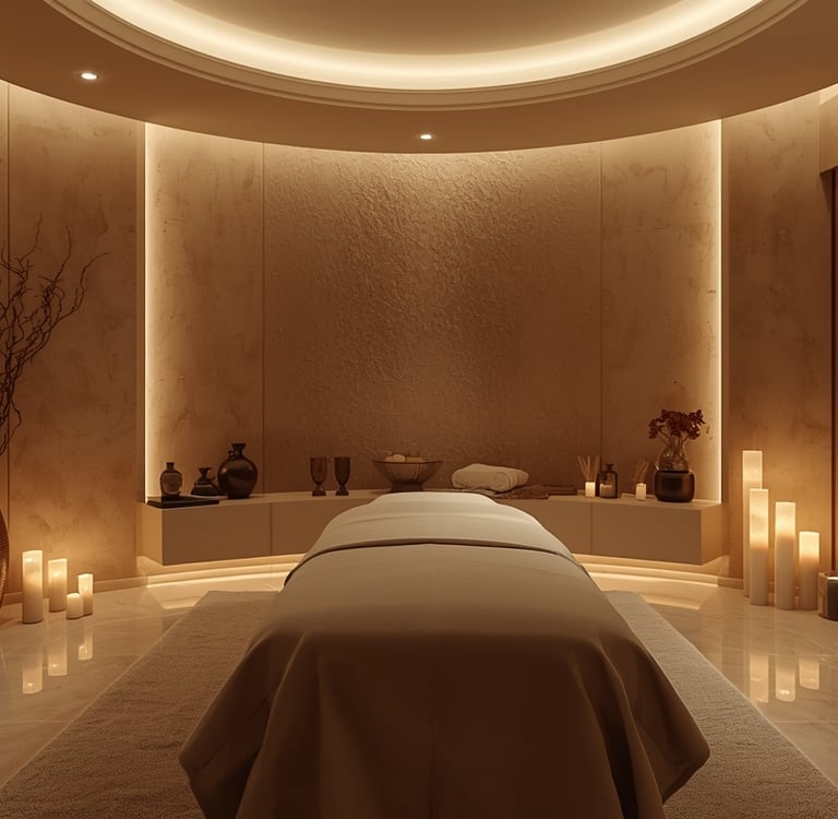 uma sala de massagem com uma maca e velas