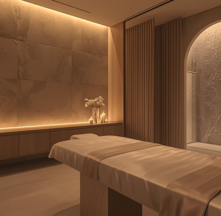 Ambiente elegante para sessão de massagem tântrica no centro do Porto com iluminação suave e atmosfe