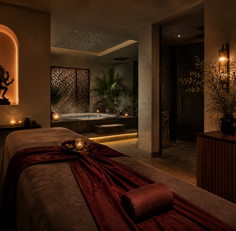 Ambiente relaxante preparado para massagem tântrica em Matosinhos com iluminação suave e atmosfera acolhedora.