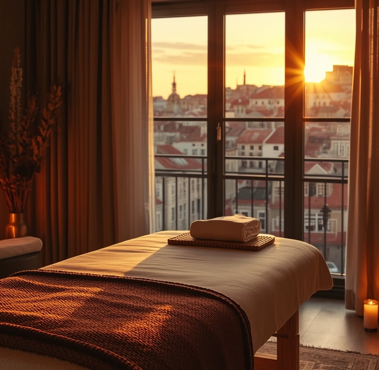 Ambiente elegante preparado para sessão de massagem tântrica no Porto com iluminação suave e atmosfe