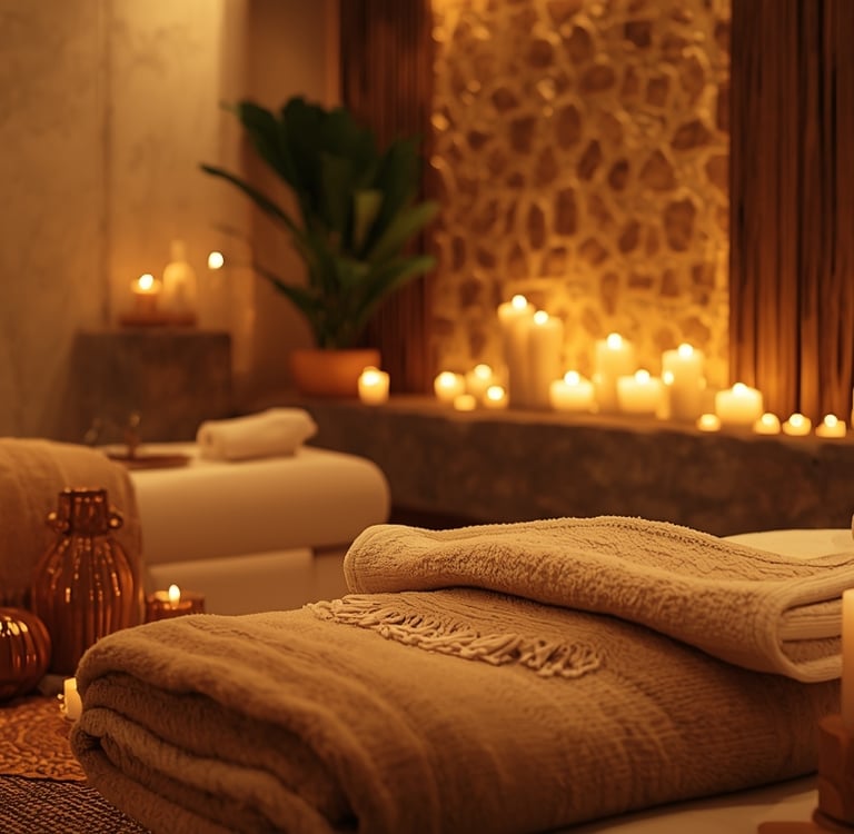 Ambiente de massagem tântrica no Porto com iluminação suave e atmosfera relaxante