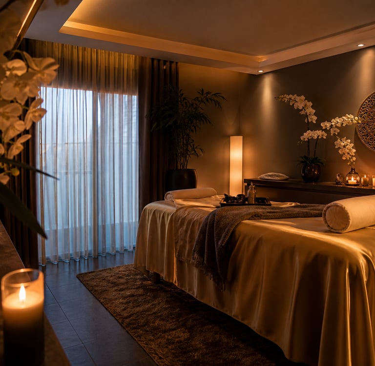 Ambiente sofisticado para massagem tântrica no Porto com iluminação suave e atmosfera relaxante.