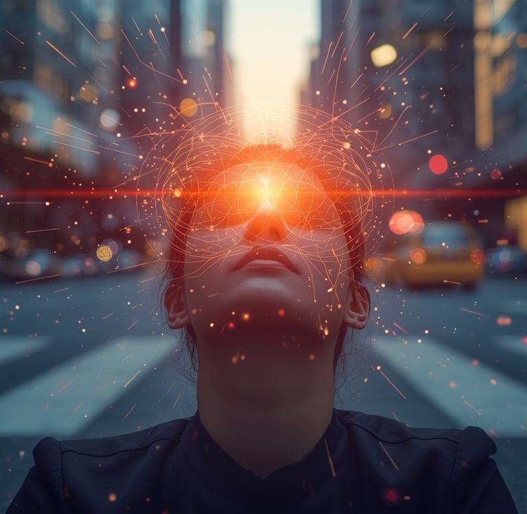 Uma mulher com uma faixa vermelha na cabeça e uma luz vermelha brilhando através dos olhos.