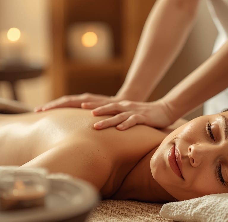 Sessão de massagem tântrica em ambiente relaxante com iluminação suave