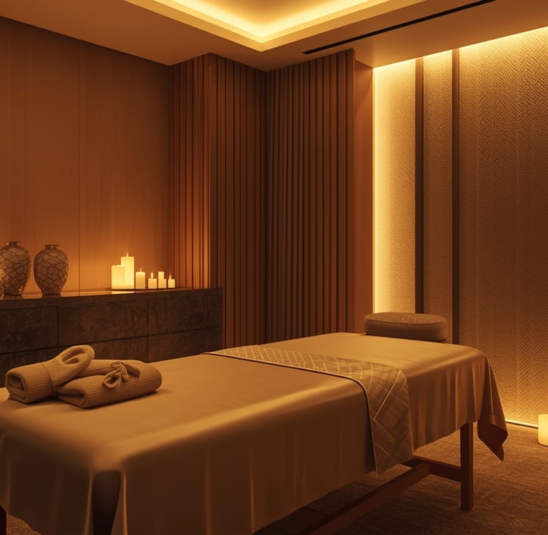 Ambiente elegante preparado para primeira sessão de massagem erótica no Porto com iluminação suave e