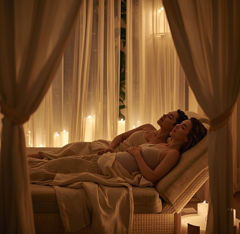 Ambiente romântico preparado para experiência de tantra love no Porto com iluminação suave e atmosfera acolhedora.