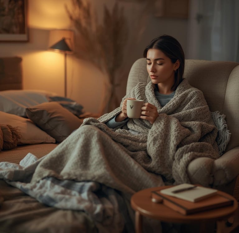 A woman wrapped up in a cozy blanket, in a dimly lit bedroom, sipping tea