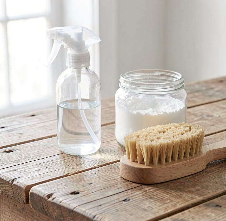 Glass spray bottle and baking soda with a wooden scrub brush for natural cleaning.
