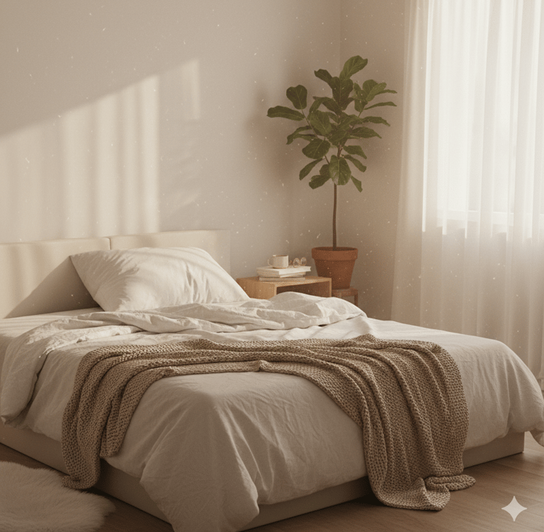 Sunlit bedroom with messy linen bedding and a potted plant in the morning.