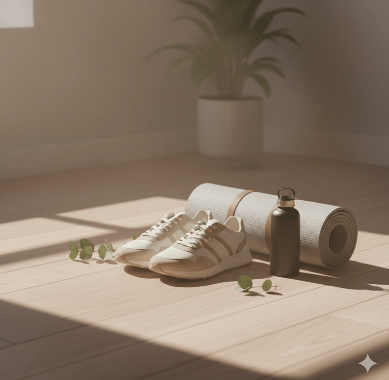 Neutral colored sneakers and a rolled-up yoga mat on a light wood floor with morning shadows.