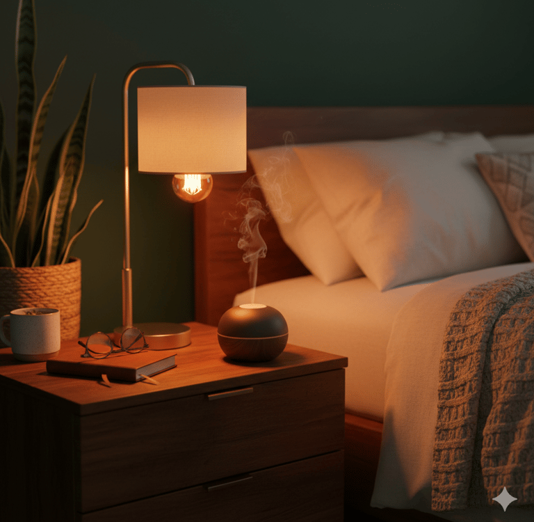 Warm amber lamp on a wooden nightstand beside a bed, creating a cozy glow with a diffuser