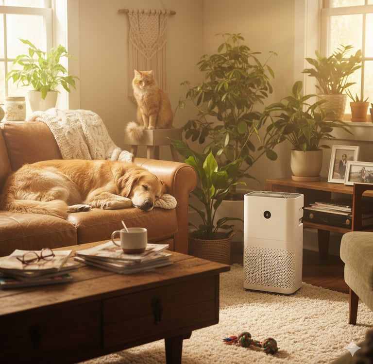 Cozy living room with pets and a modern air purifier for dander.
