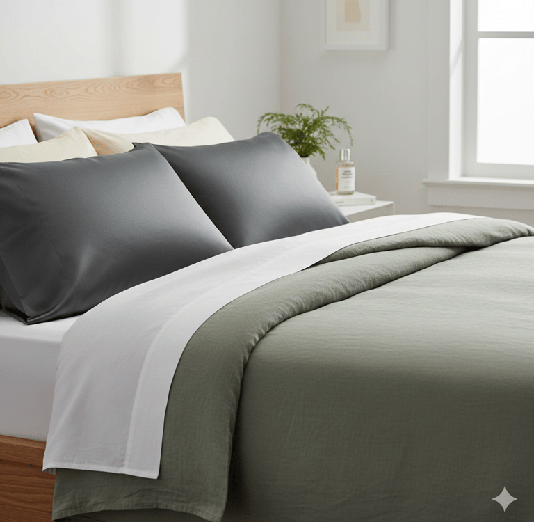 Organic cotton, linen, and mulberry silk bedding layered on a bed.