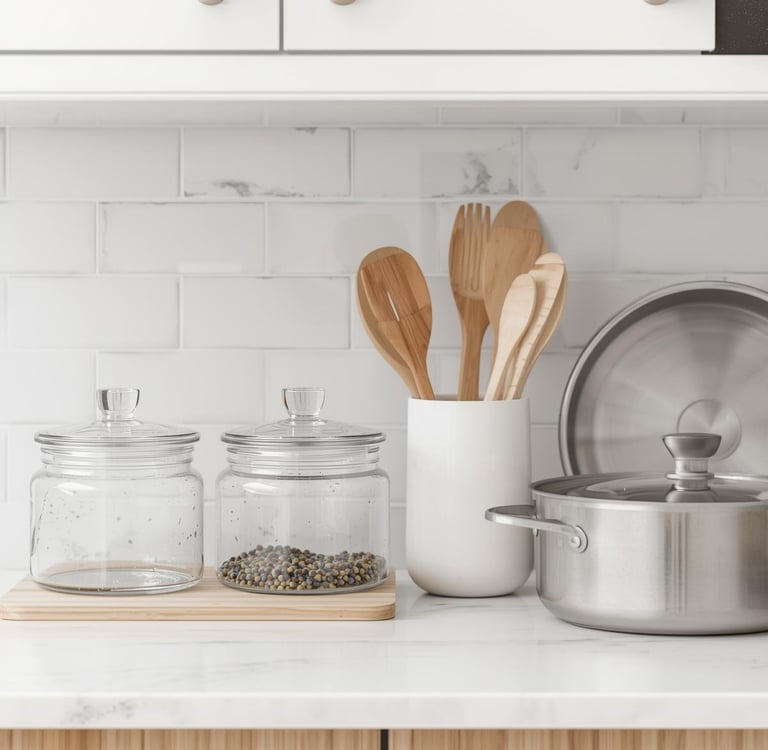 Non-toxic kitchen swaps for 2026 — stainless steel cookware and wooden cutting board on a clean kitc