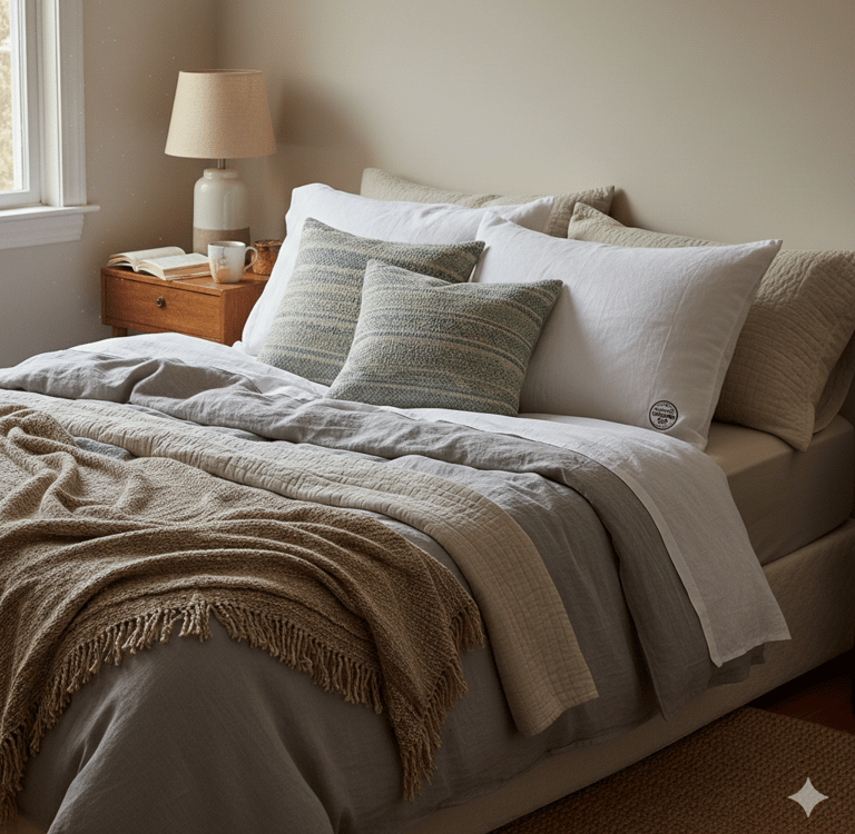 Cozy bed with layered non-toxic pillows, neutral linen bedding, and a wooden nightstand