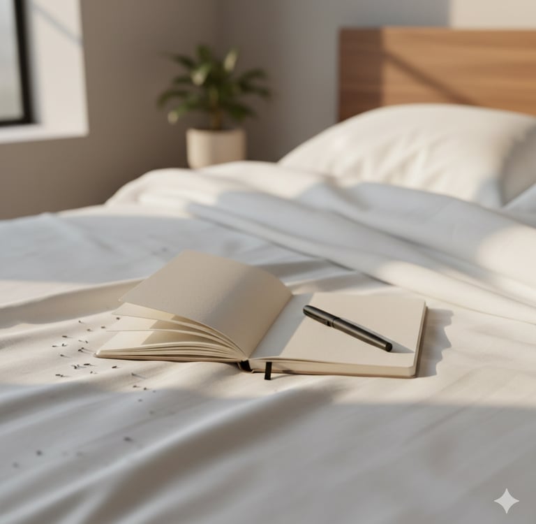 A sleep journal and pen on organic bedding.