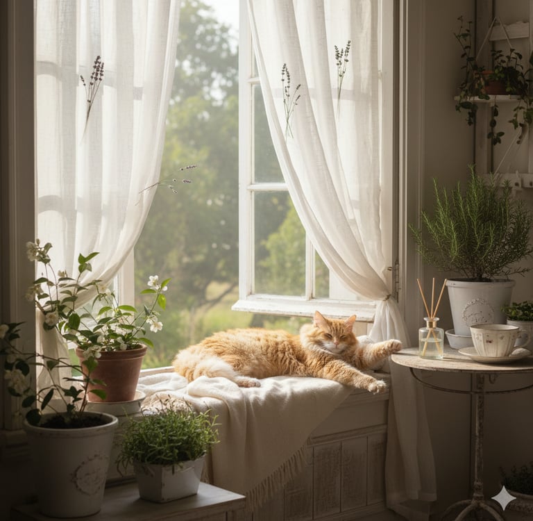 Open window with sheer curtains and a cat on a shabby chic porch for natural home air freshening