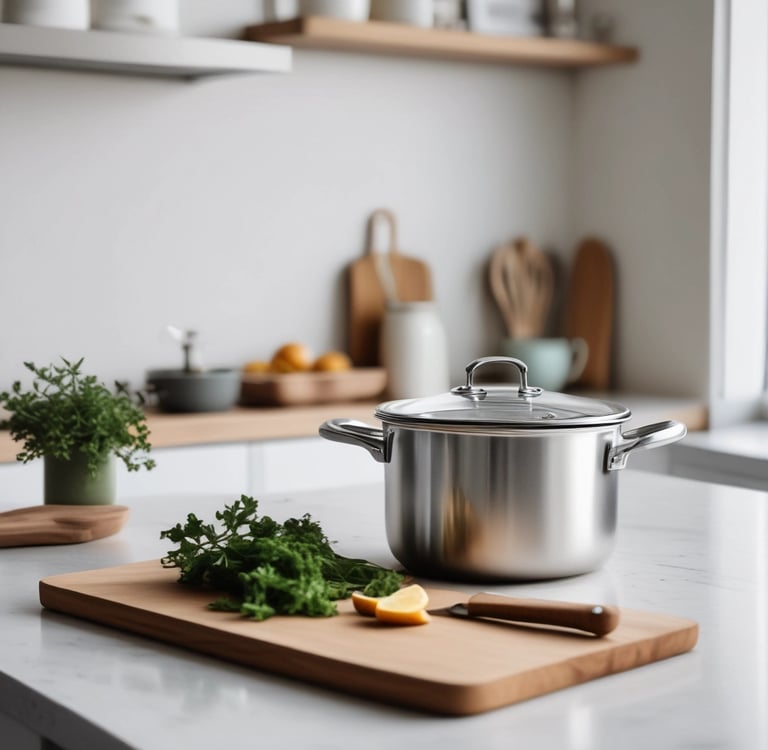 Non-toxic kitchen swaps 2026: stainless steel pot and wooden cutting board