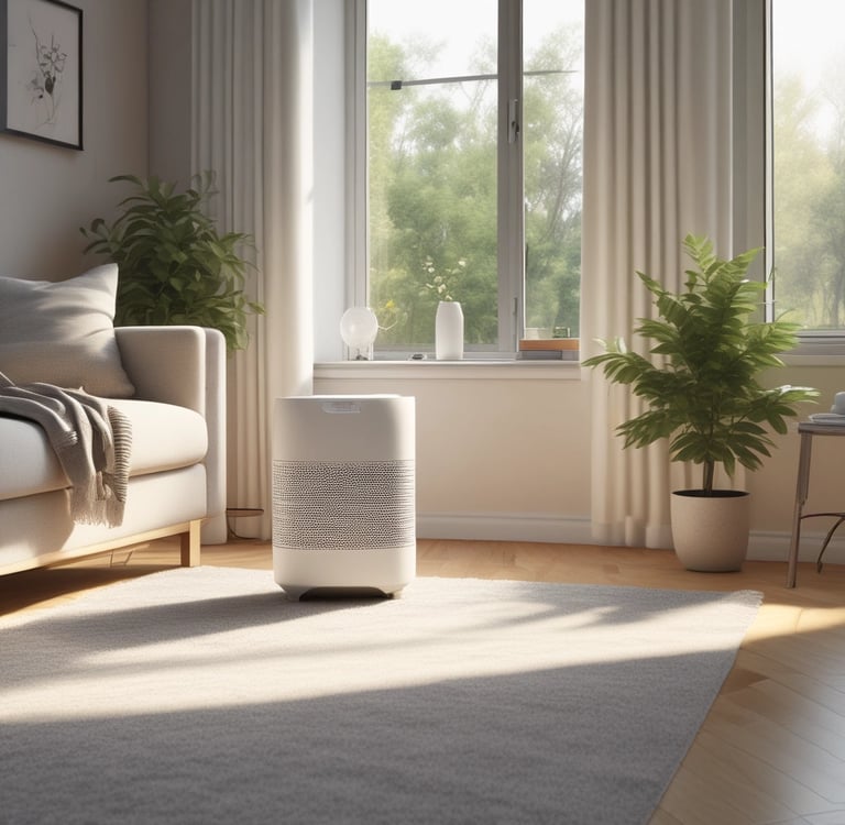 Modern aesthetic living room with warm sunlight and a sleek air purifier for a non-toxic home enviro