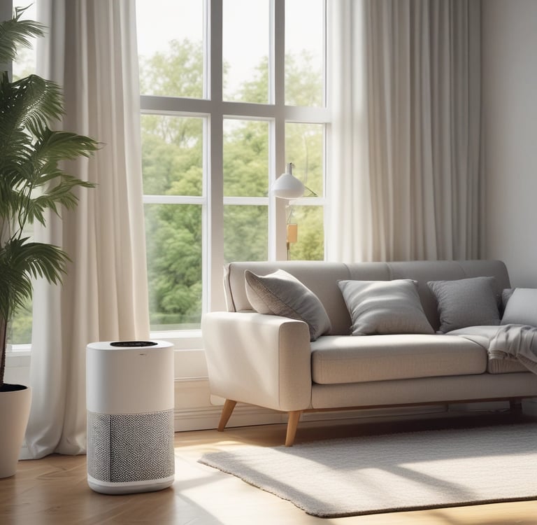 Cozy living room with air purifier for a non-toxic home environment