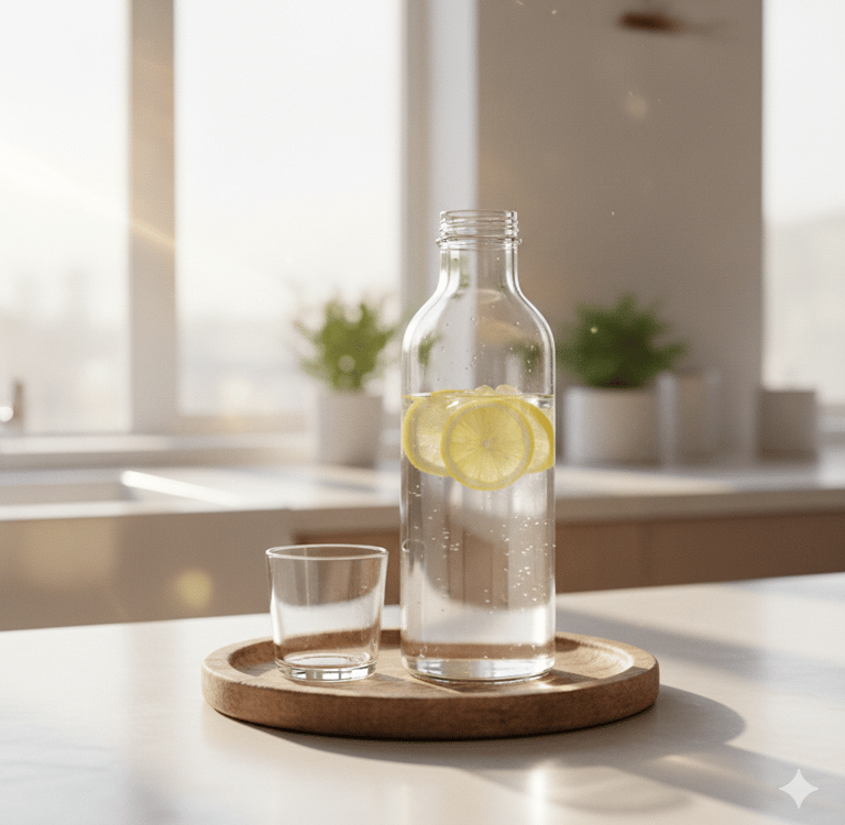 Glass water bottle with lemon slices on a wooden tray in a sunlit kitchen