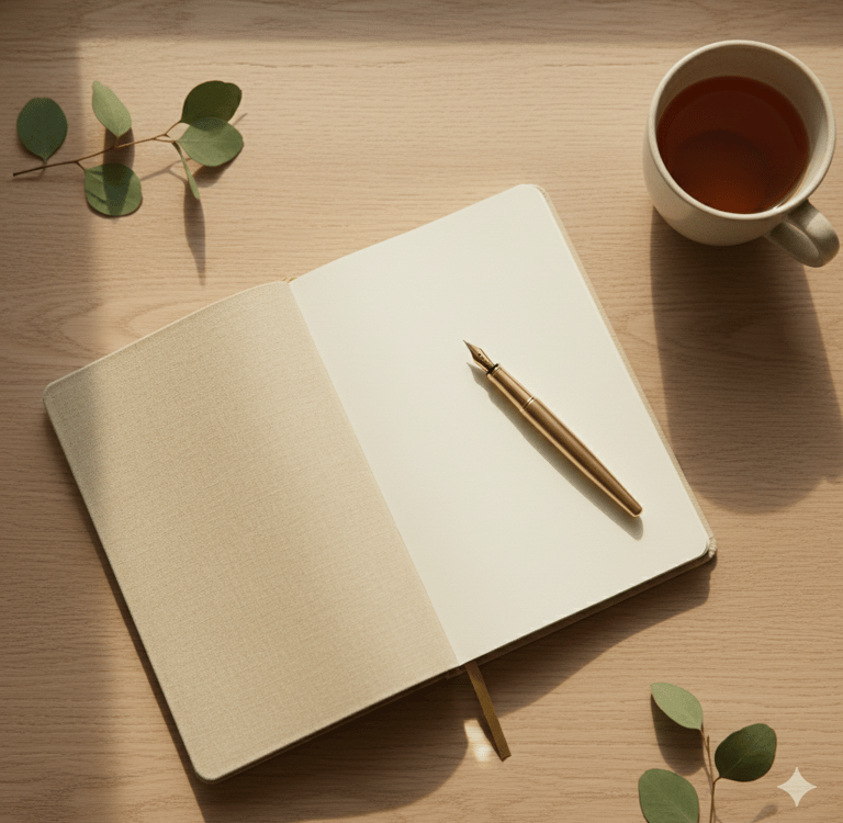 Open linen journal with a gold pen and a cup of tea on a wooden desk.