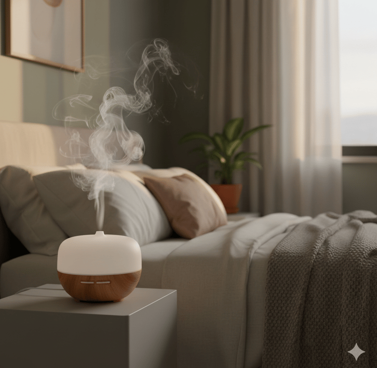 Modern wood-base essential oil diffuser emitting mist on a nightstand in a cozy bedroom