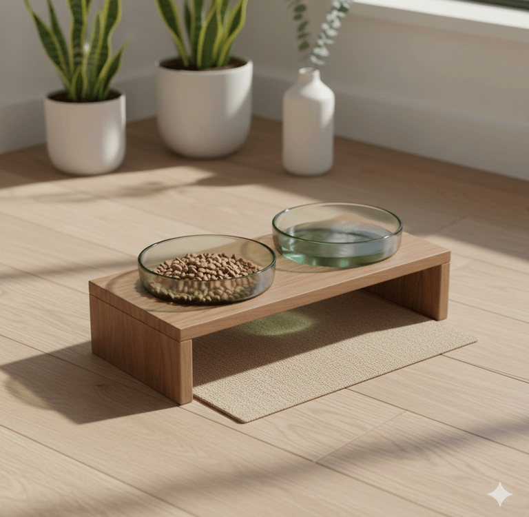 Modern elevated glass pet bowls on wood stand