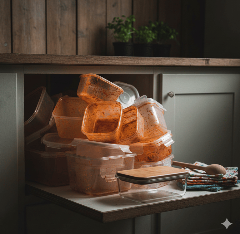 Stained plastic containers in a messy cabinet next to a clean glass jar and wooden spoon.