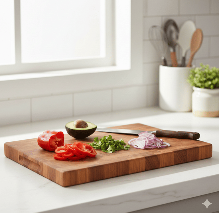 Solid wooden cutting board, affordable non-toxic swap for plastic in a beginner-friendly kitchen.
