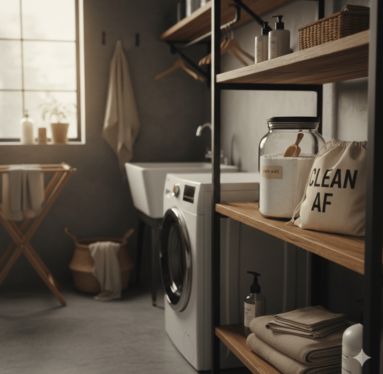 Lived-in laundry room with non-toxic detergent in a glass jar and a Clean AF bag