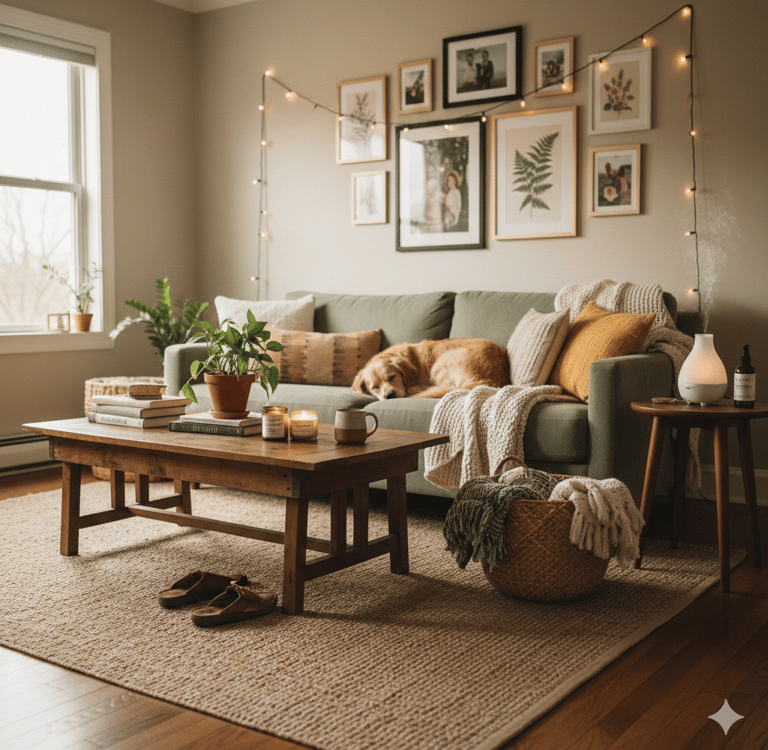 Lived-in non-toxic living room with green sofa and essential oil diffuser.