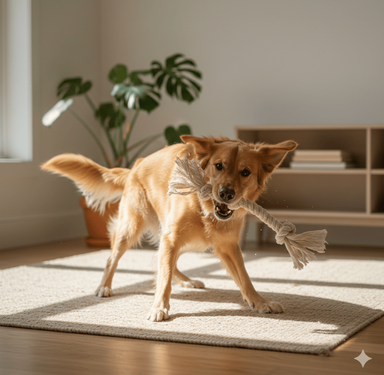 Dog playing with organic cotton toy