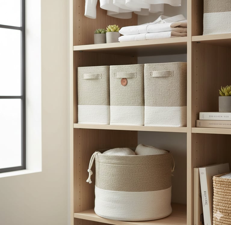 Set of organic linen storage bins on a wooden shelf in a bright, organized closet