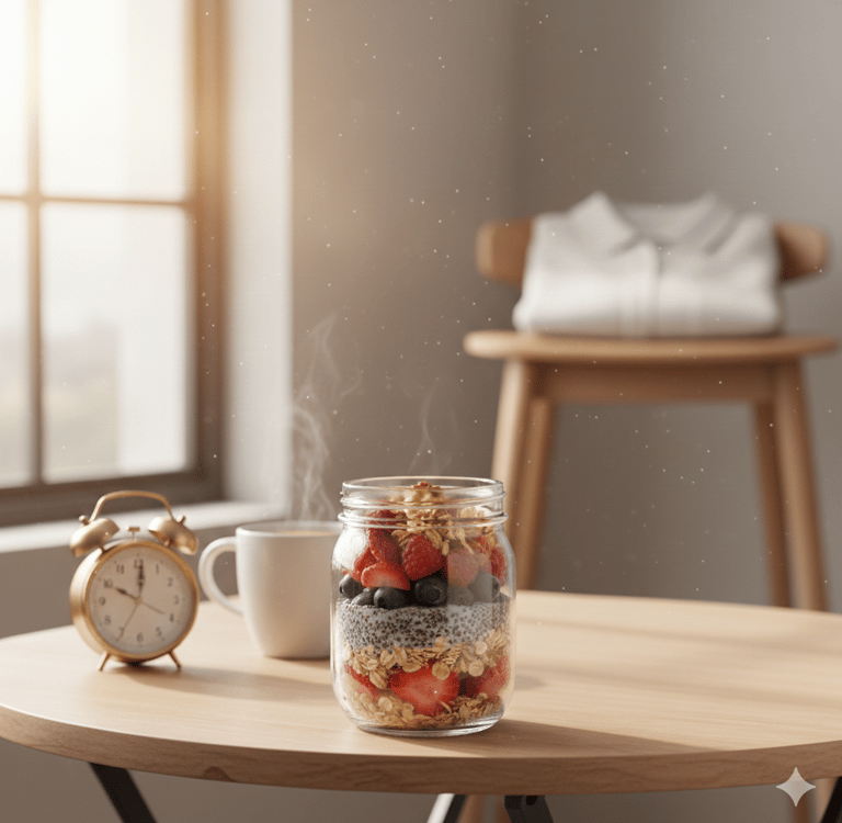 A glass jar of fruit and overnight oats next to a cup of tea.