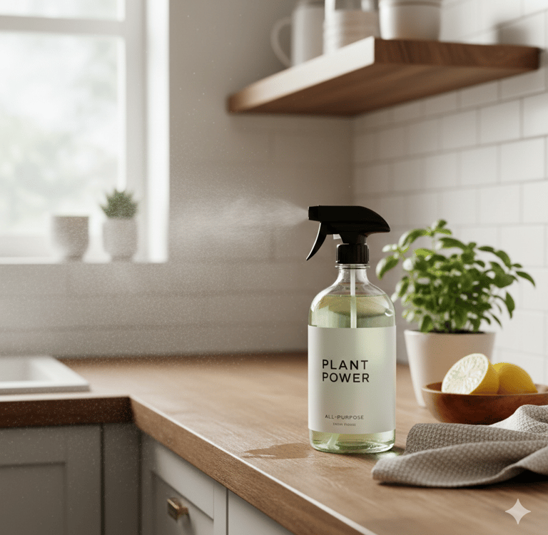 A glass spray bottle of plant-based all-purpose cleaner on a wooden kitchen counter