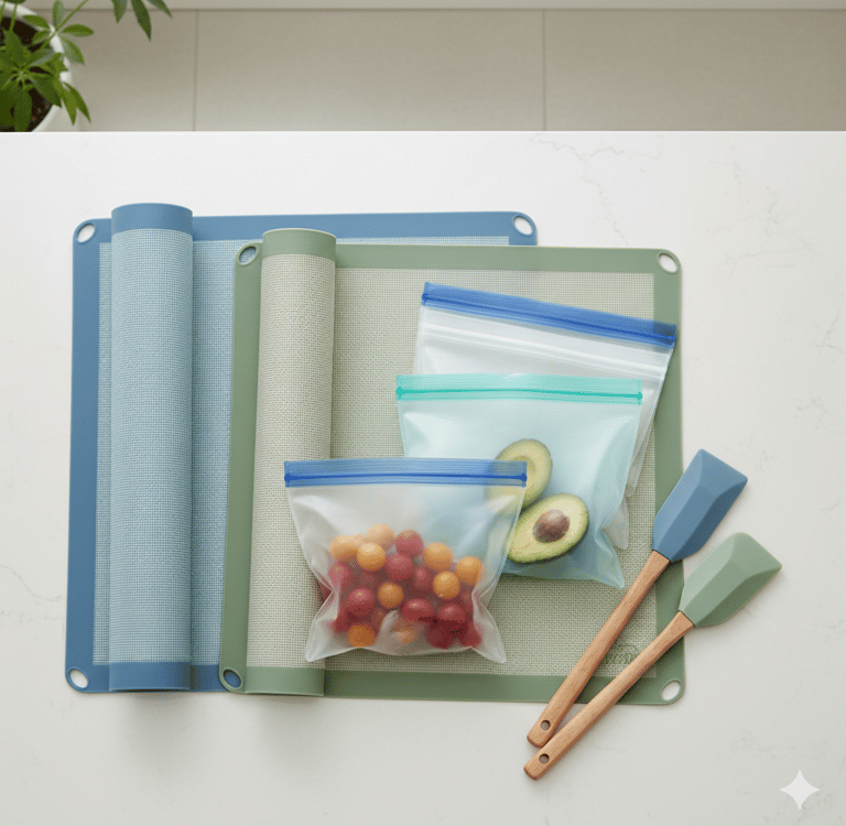 Non-toxic silicone baking mats and reusable BPA-free food storage bags for safer, toxin-free kitchen