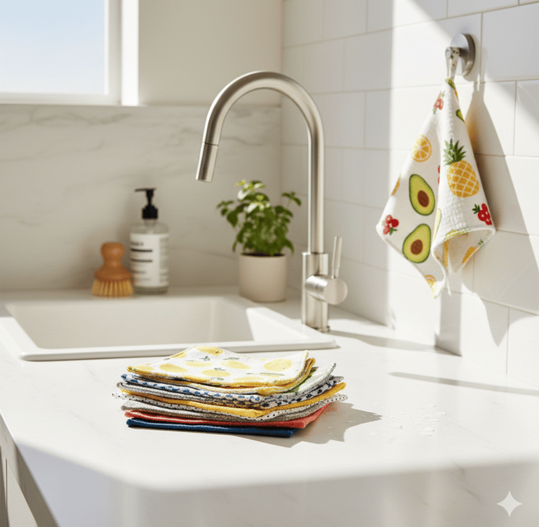 Reusable Swedish dishcloths 6-pack for non-toxic kitchen cleaning on marble counter.
