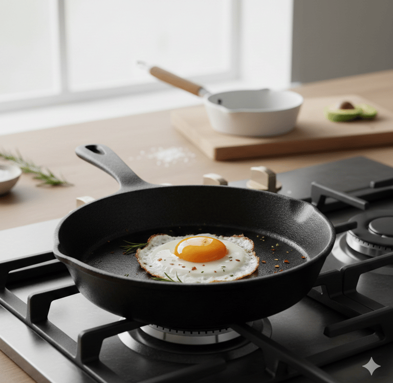Non-toxic cast iron skillet on stovetop, safe swap for nonstick cookware