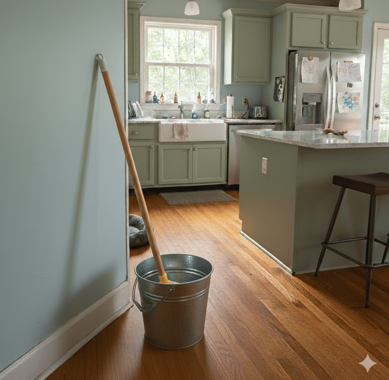 A mop in a metal bucket on a hardwood kitchen floor.