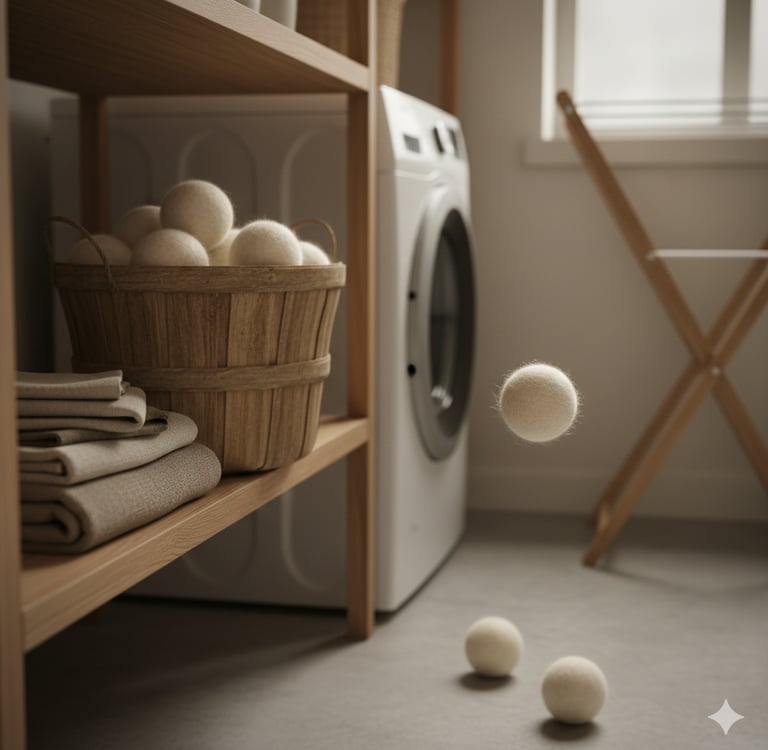 Wool dryer balls in a laundry room as a non-toxic fabric softener alternative.