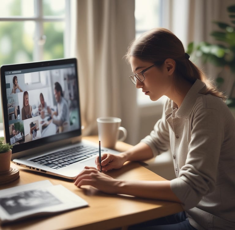 Young woman student in glasses attending a virtual online class on her laptop while taking notes.