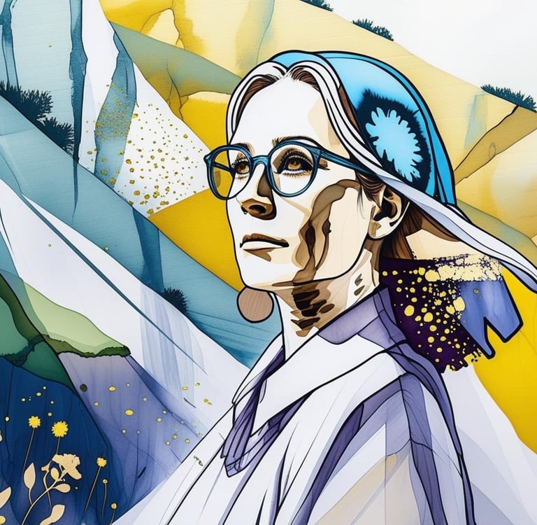 a woman wearing glass in a stylised hillside