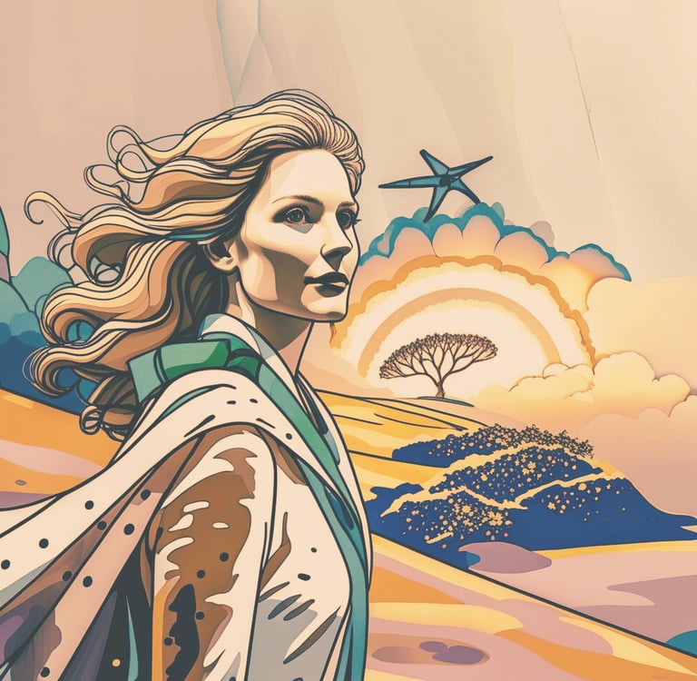 a woman standing in a stylised landscape with sunshine