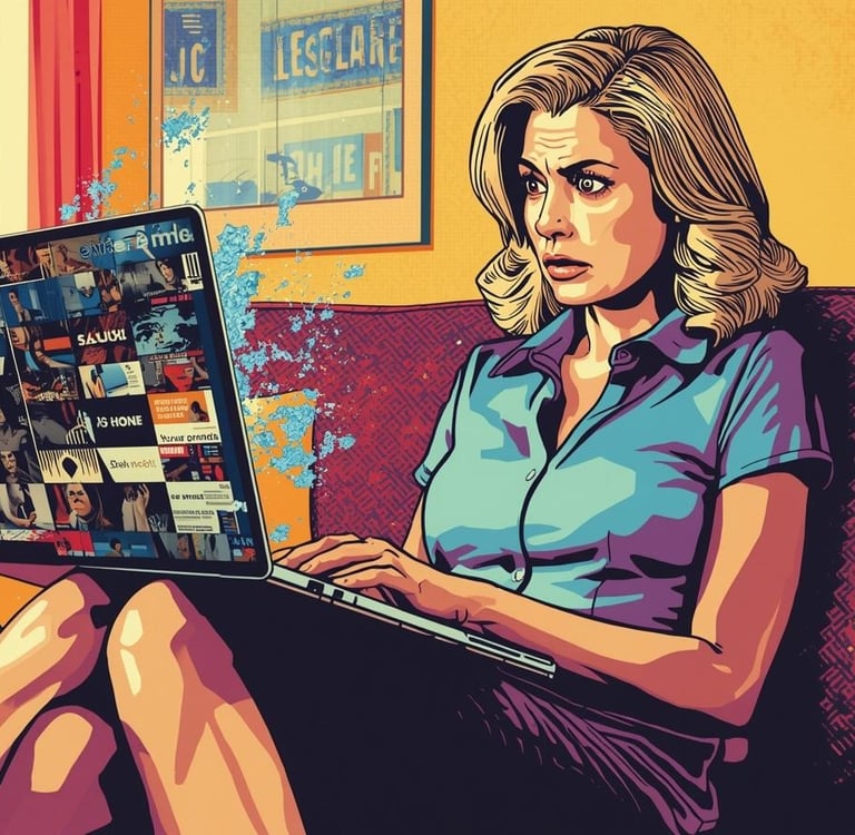 A woman sat on her sofa looking at a laptop