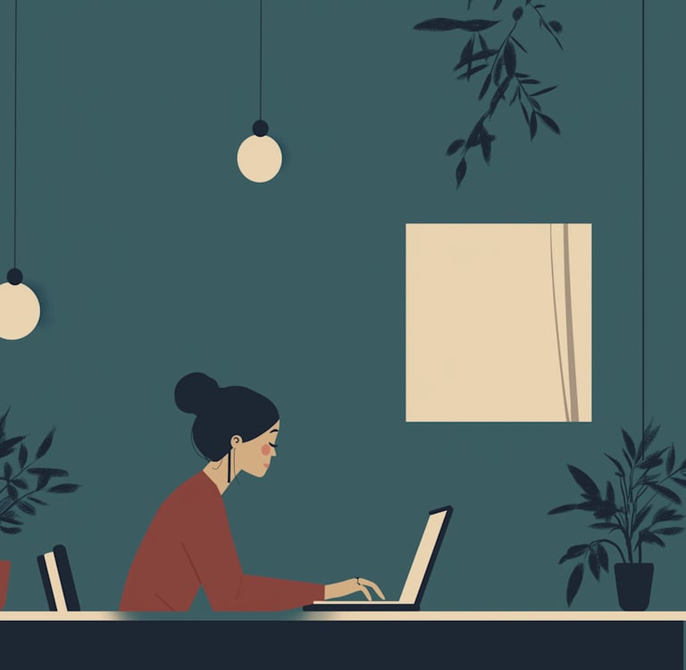 Woman sat at a desk with laptop illustration