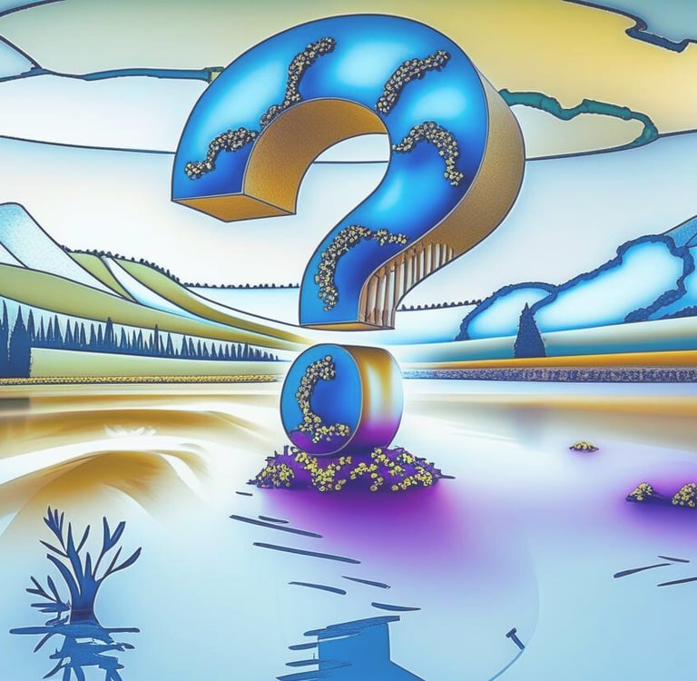 A large stylised question mark symbol rising out of a lake